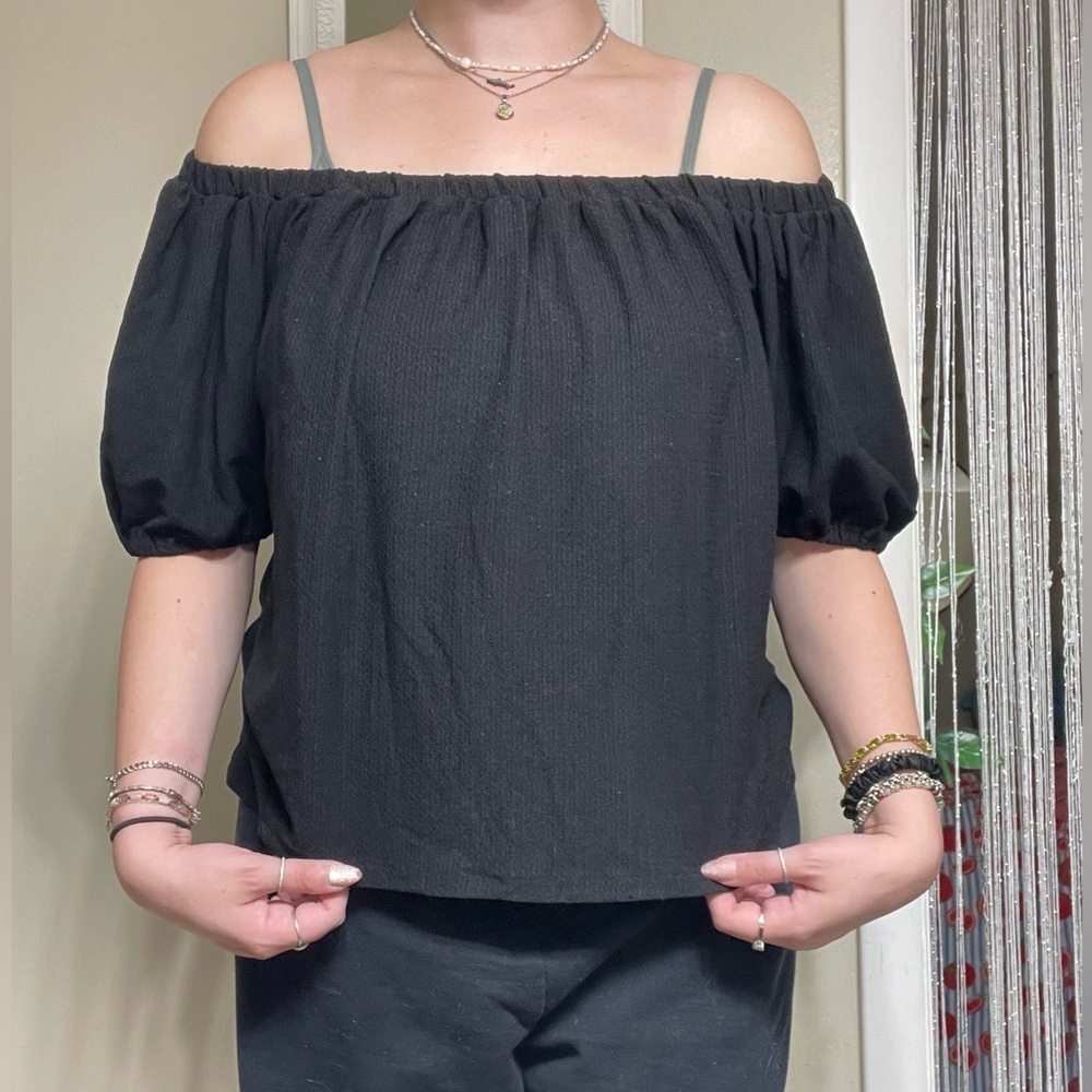 Anthropologie Black Puff Sleeve Off The Shoulder Blouse - Picture 7 of 8